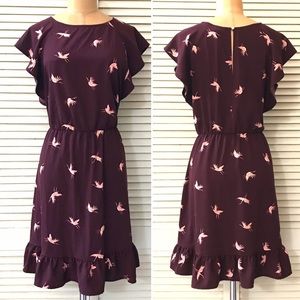 A New Day Dress Small Burgundy Crane Ruffle Hem